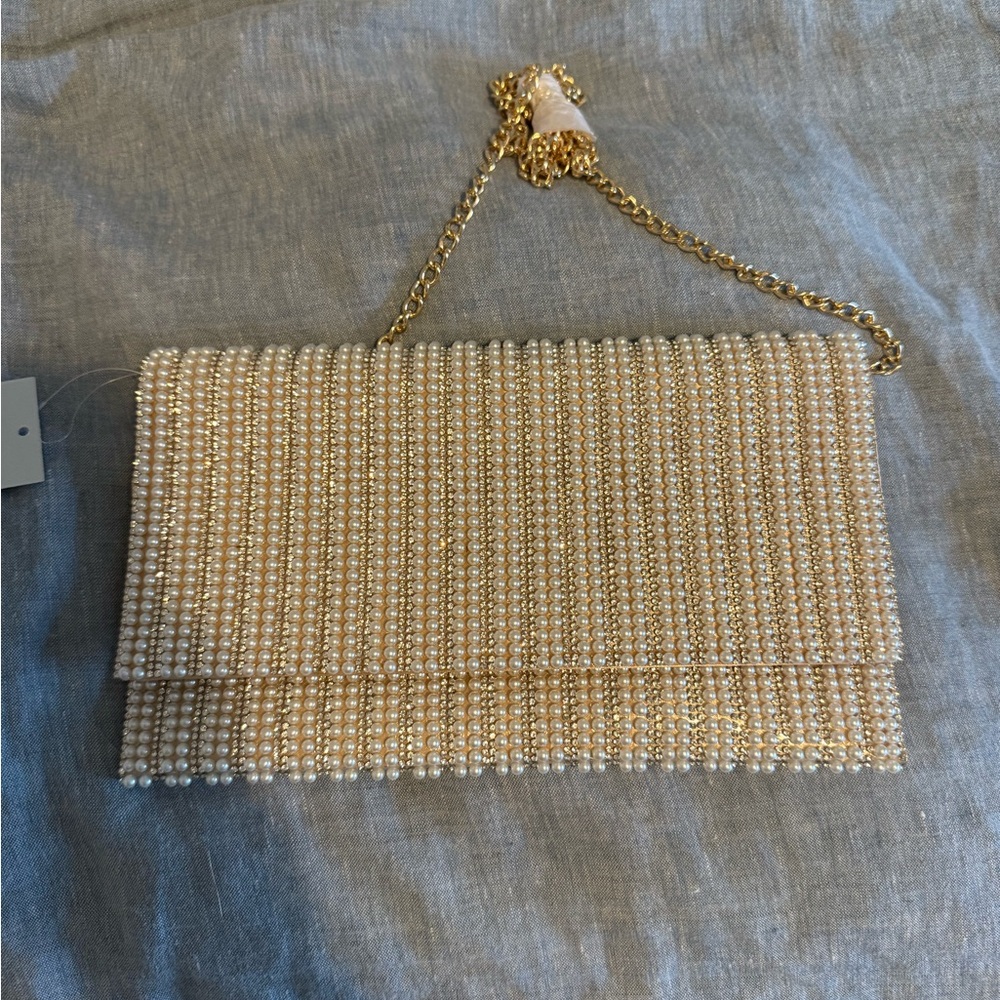Pearl-Accented Cream Evening Clutch with Gold Chain